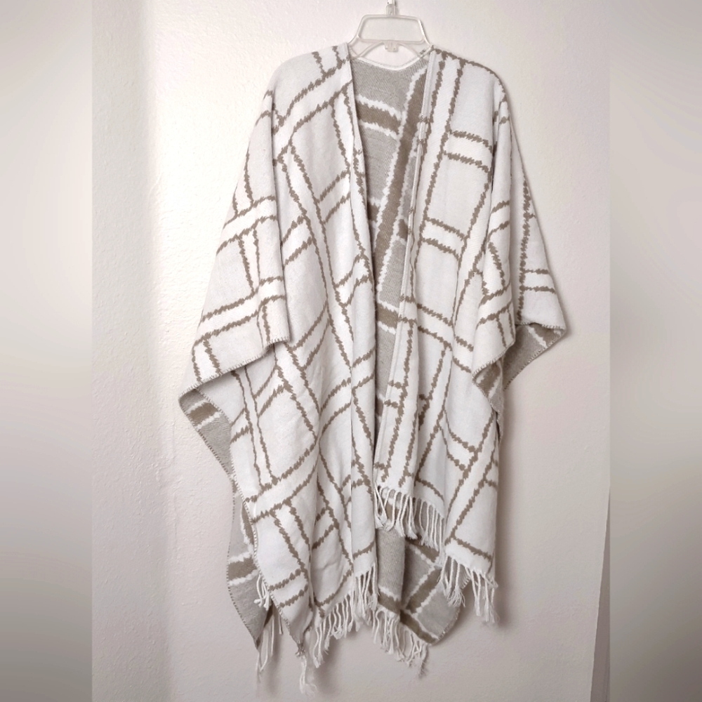 Parsley & Sage Cream and Brown Poncho with Fringe